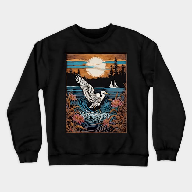 Egret with sun and sailboat in background Crewneck Sweatshirt by ToochArt